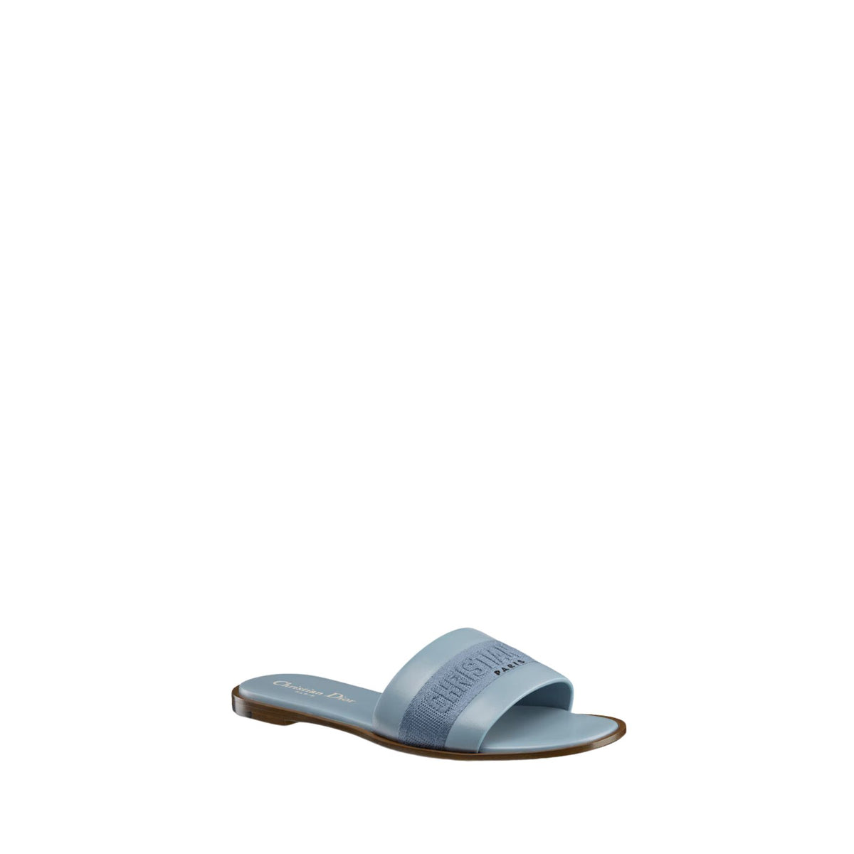 Dway Slide Pastel Blue Calfskin and Embroidered Cotton