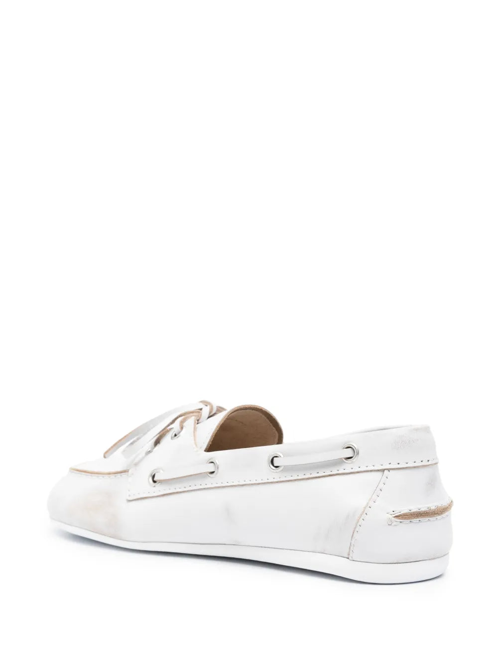 Miu Miu Distressed Leather Boat Shoes – White