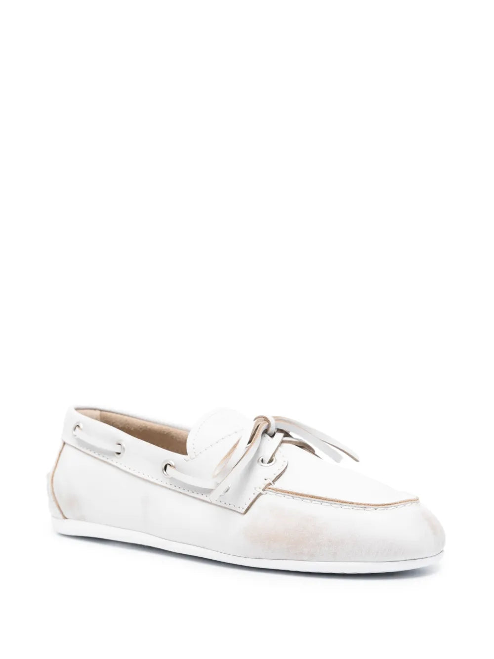 Miu Miu Distressed Leather Boat Shoes – White
