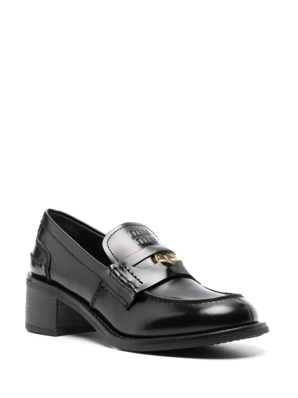 Miu Miu Coin-Embellished Block-Heel Loafers – Black