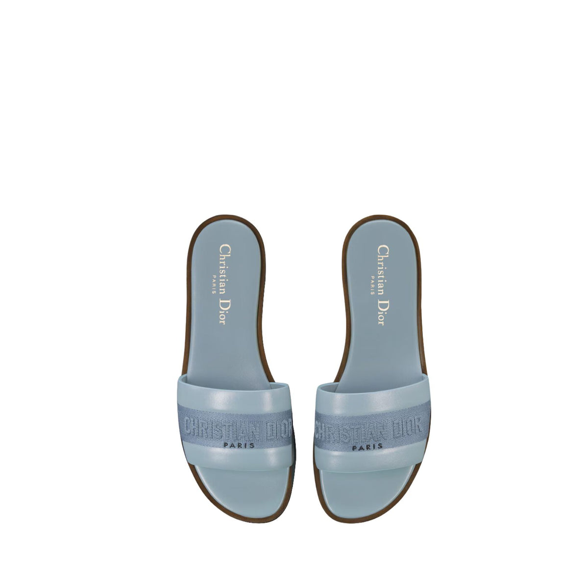 Dway Slide Pastel Blue Calfskin and Embroidered Cotton