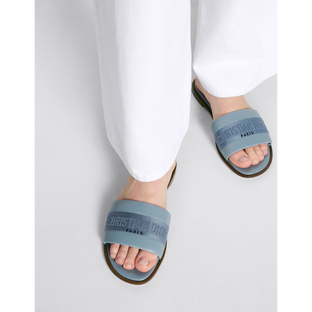 Dway Slide Pastel Blue Calfskin and Embroidered Cotton