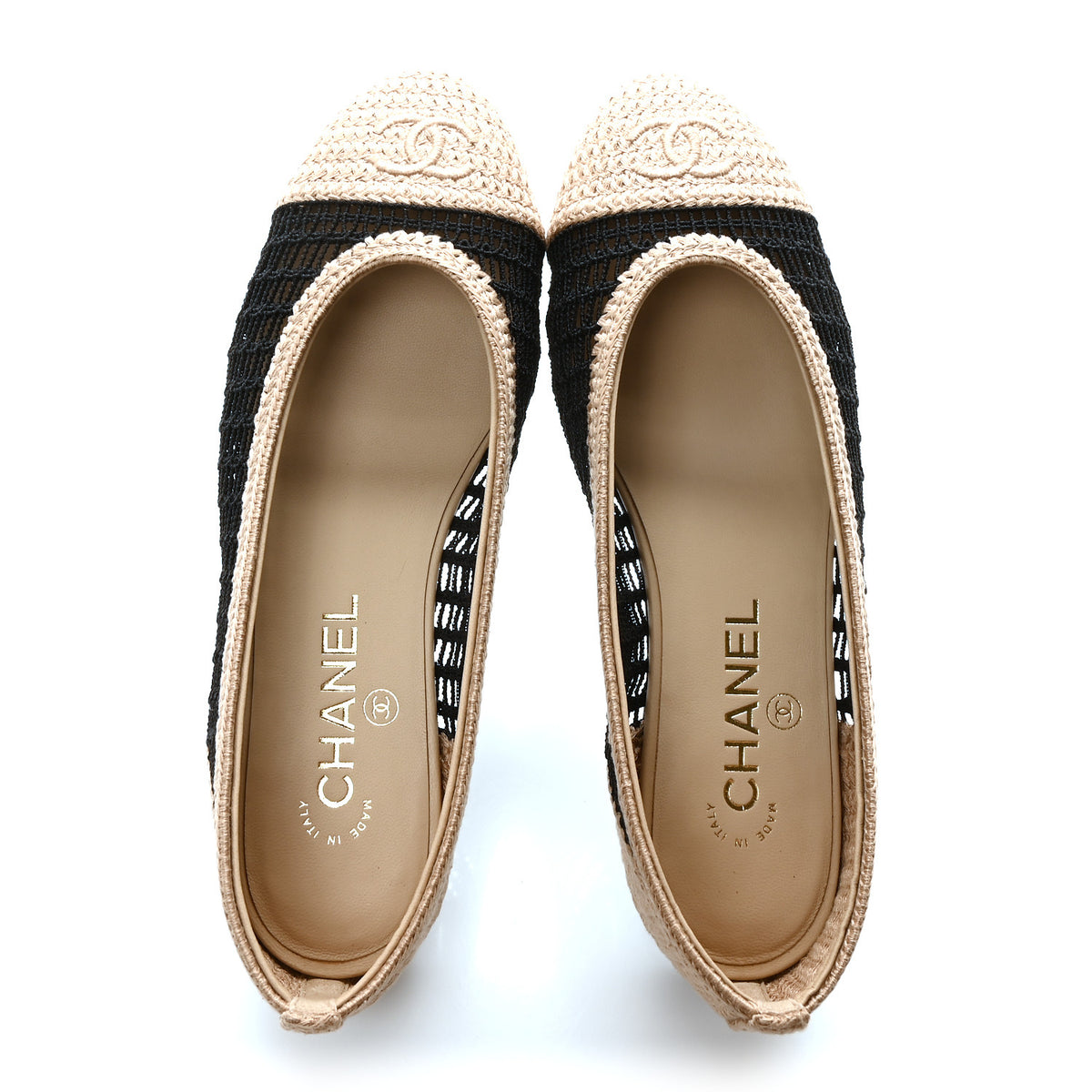 Chanel Raffia Black Beige Ballet Flat