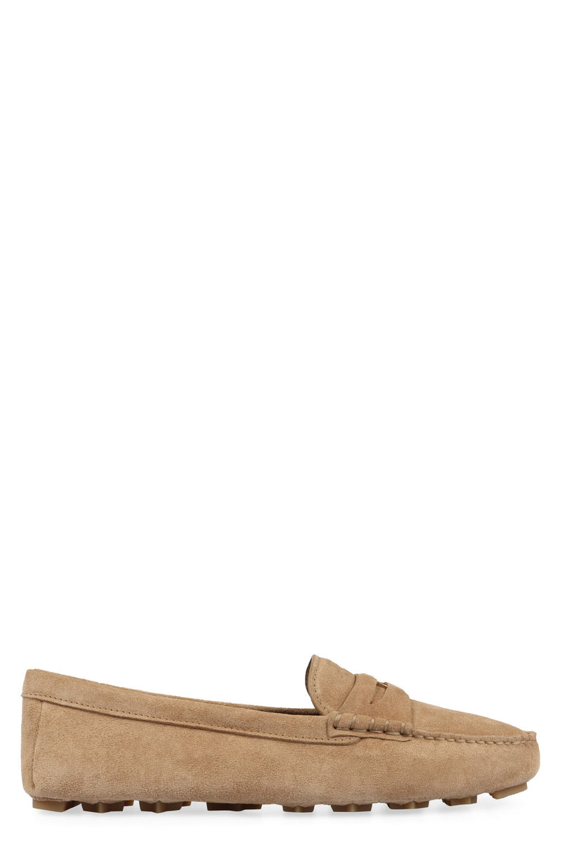 Miu Miu Logo-Embossed Suede Loafers – Ecru