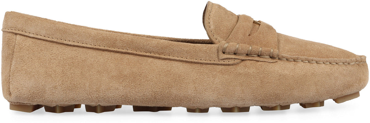 Miu Miu Logo-Embossed Suede Loafers – Ecru