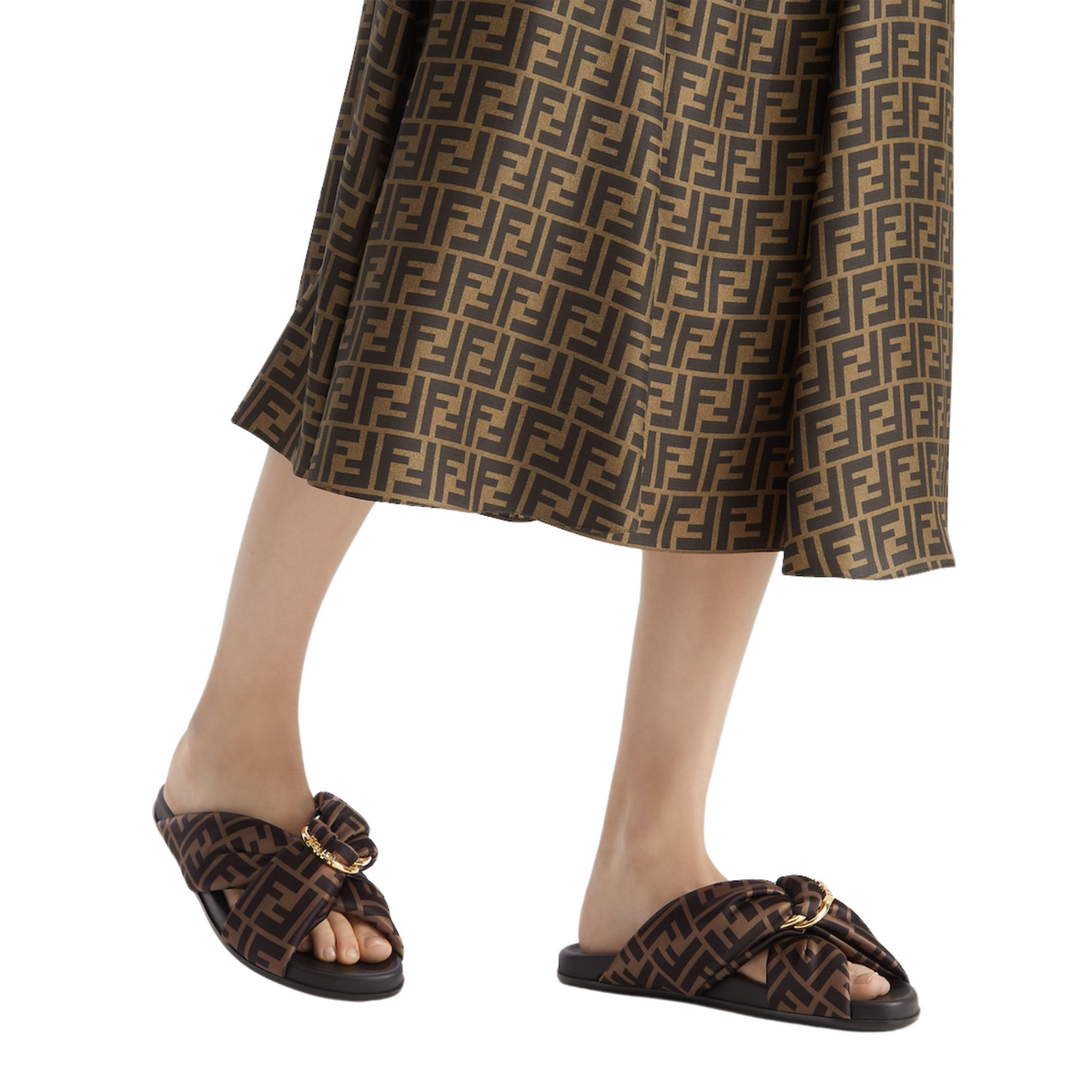 Brown FF satin slides
