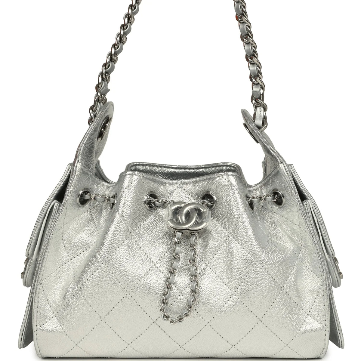 Chanel Mini 25 Metallic Silver Caviar Bucket Bag