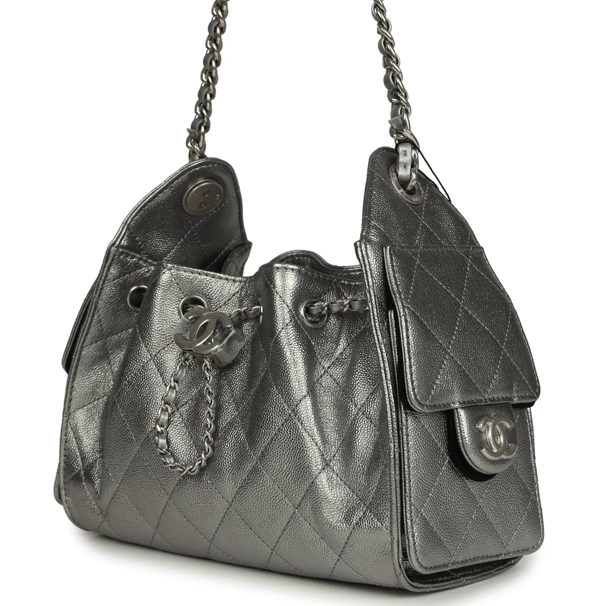 Chanel Mini 25 Hobo Bag Metallic Caviar Silver