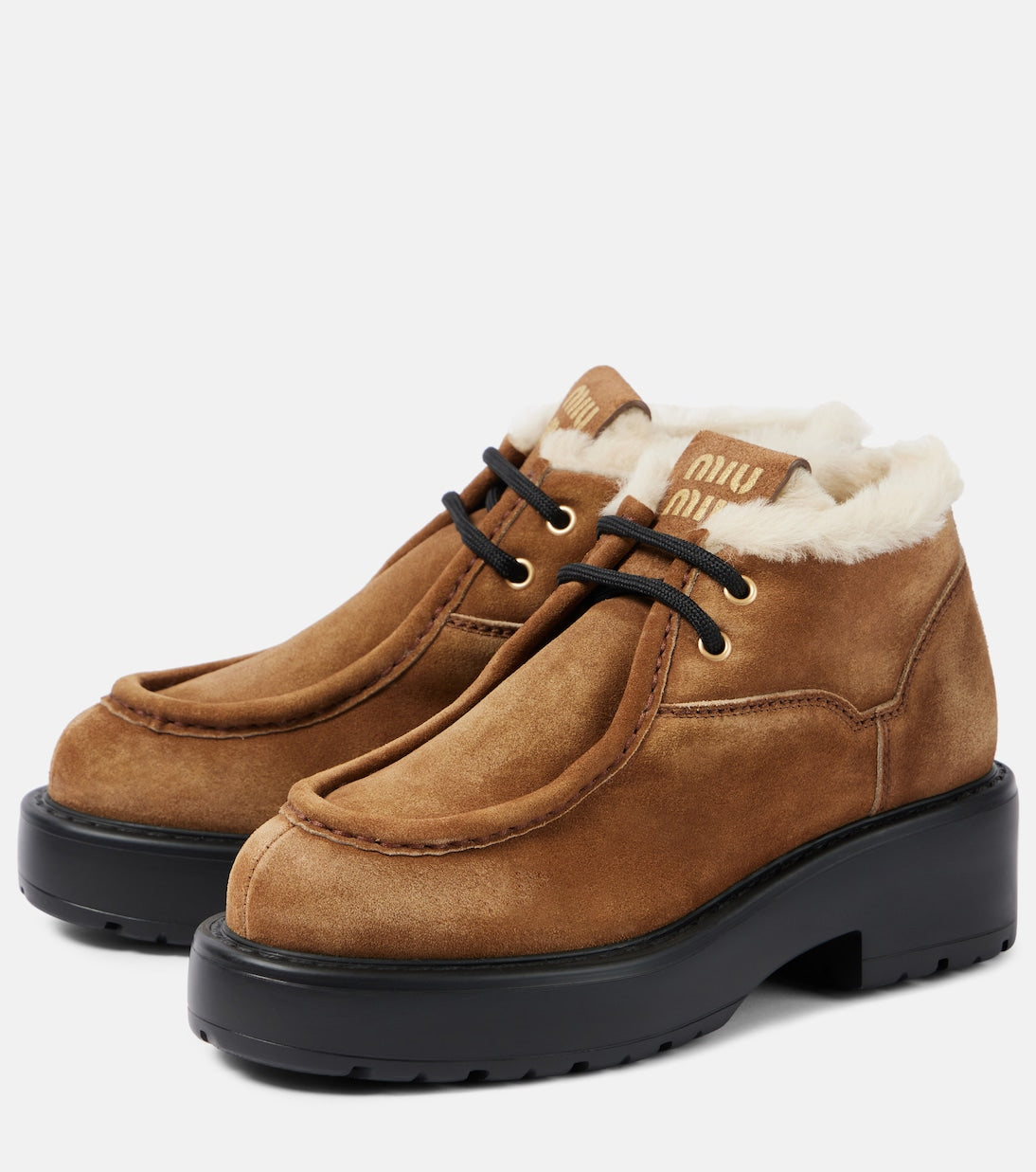 Miu Miu Chunky Shearling-Trimmed Leather Flats – Brown