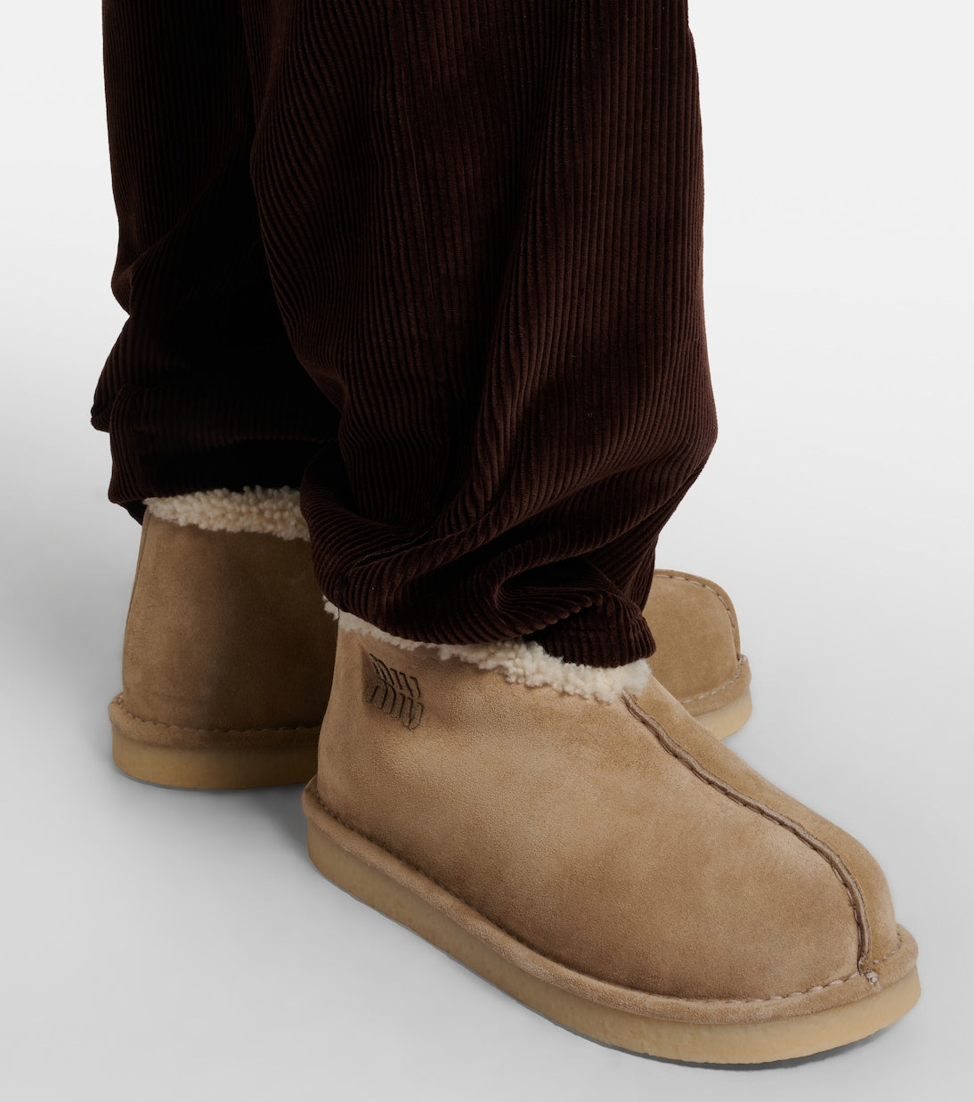 Miu Miu Shearling-Lined Suede Ankle Boots – Beige