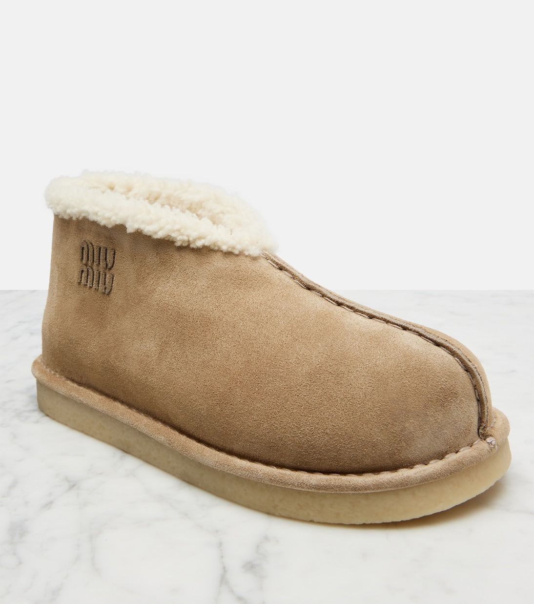Miu Miu Shearling-Lined Suede Ankle Boots – Beige