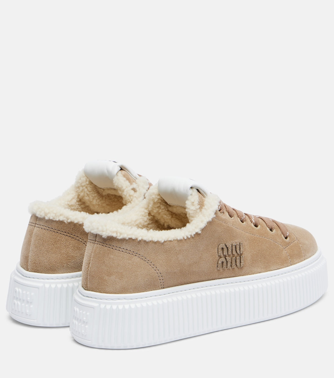 Miu Miu Shearling-Lined Suede Platform Sneakers – Brown