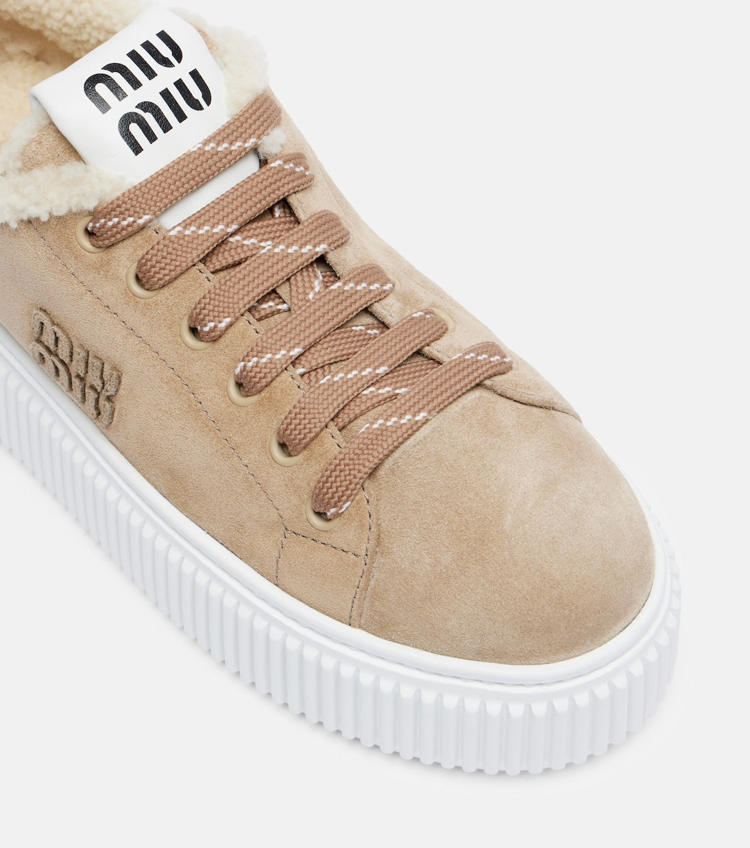 Miu Miu Shearling-Lined Suede Platform Sneakers – Brown