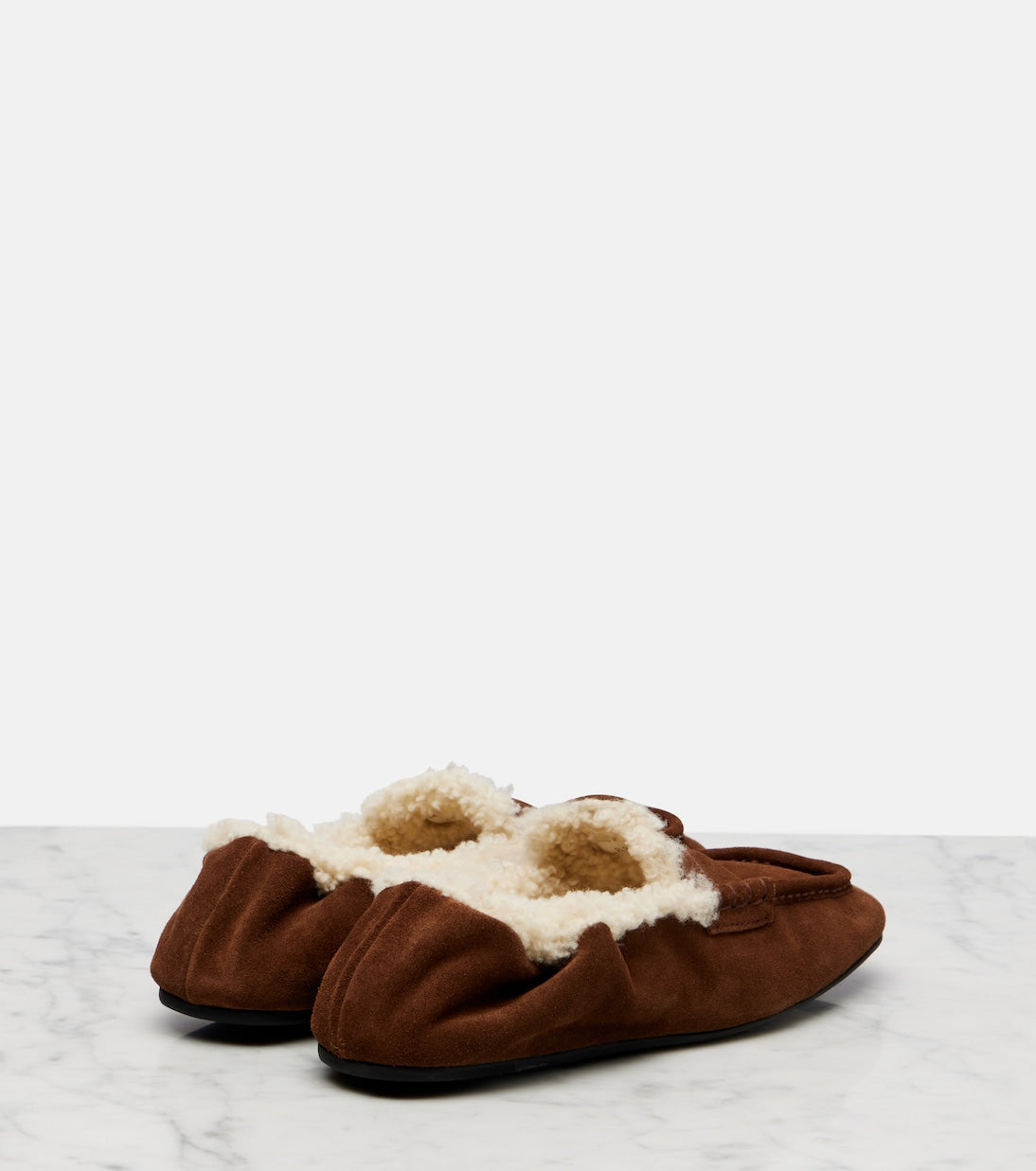 Miu Miu Ruches Shearling-Lined Suede Penny Loafers – Brown