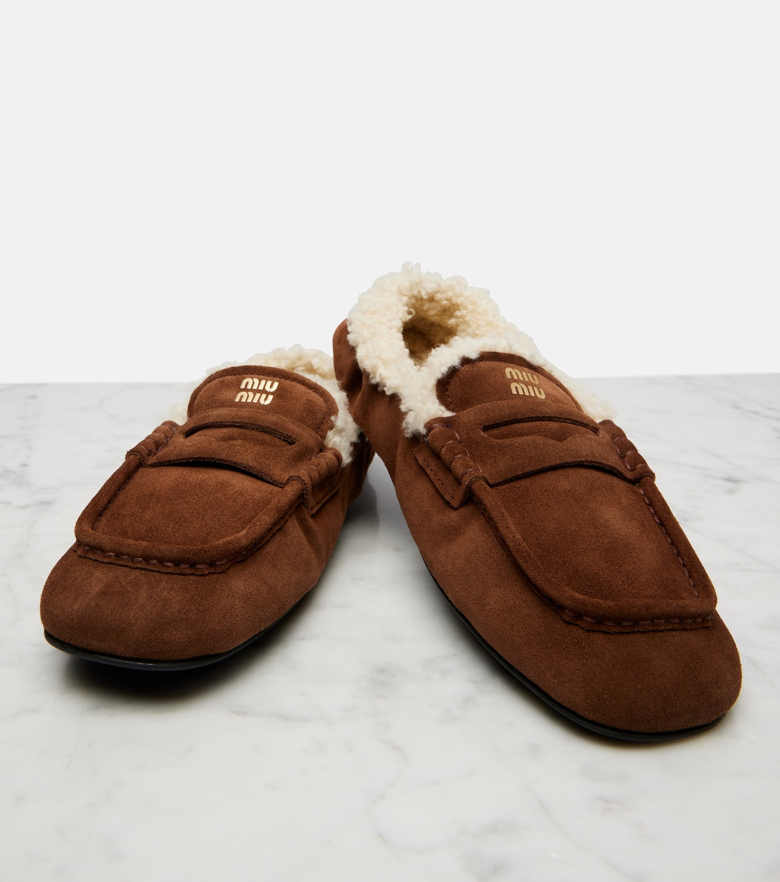 Miu Miu Ruches Shearling-Lined Suede Penny Loafers – Brown