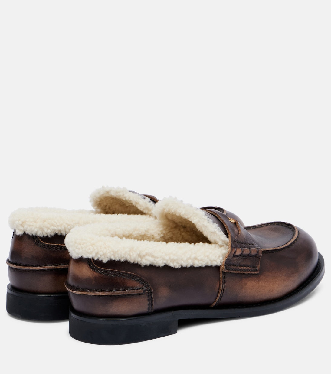 Miu Miu Shearling-Lined Leather Penny Loafers – Brown