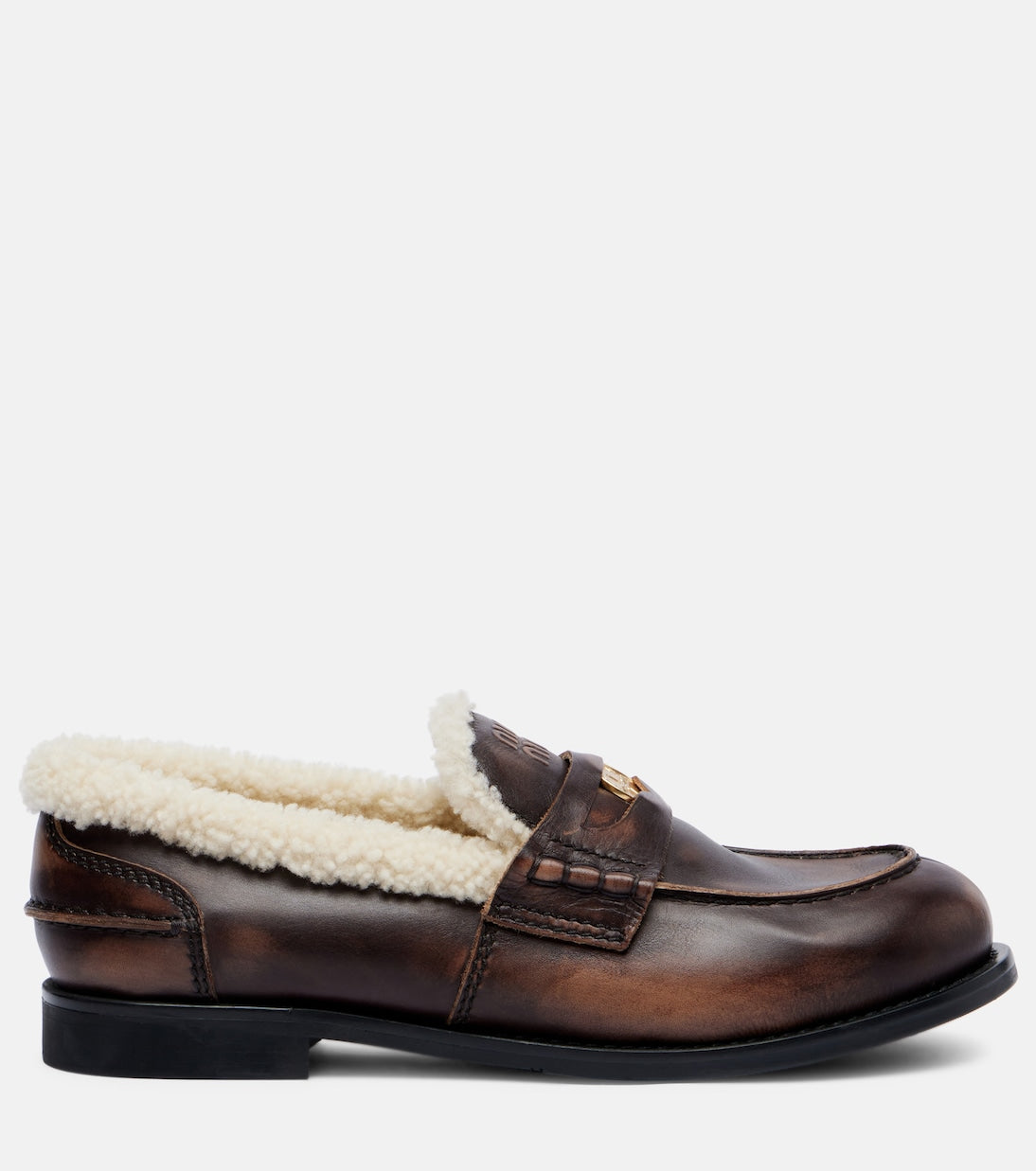 Miu Miu Shearling-Lined Leather Penny Loafers – Brown