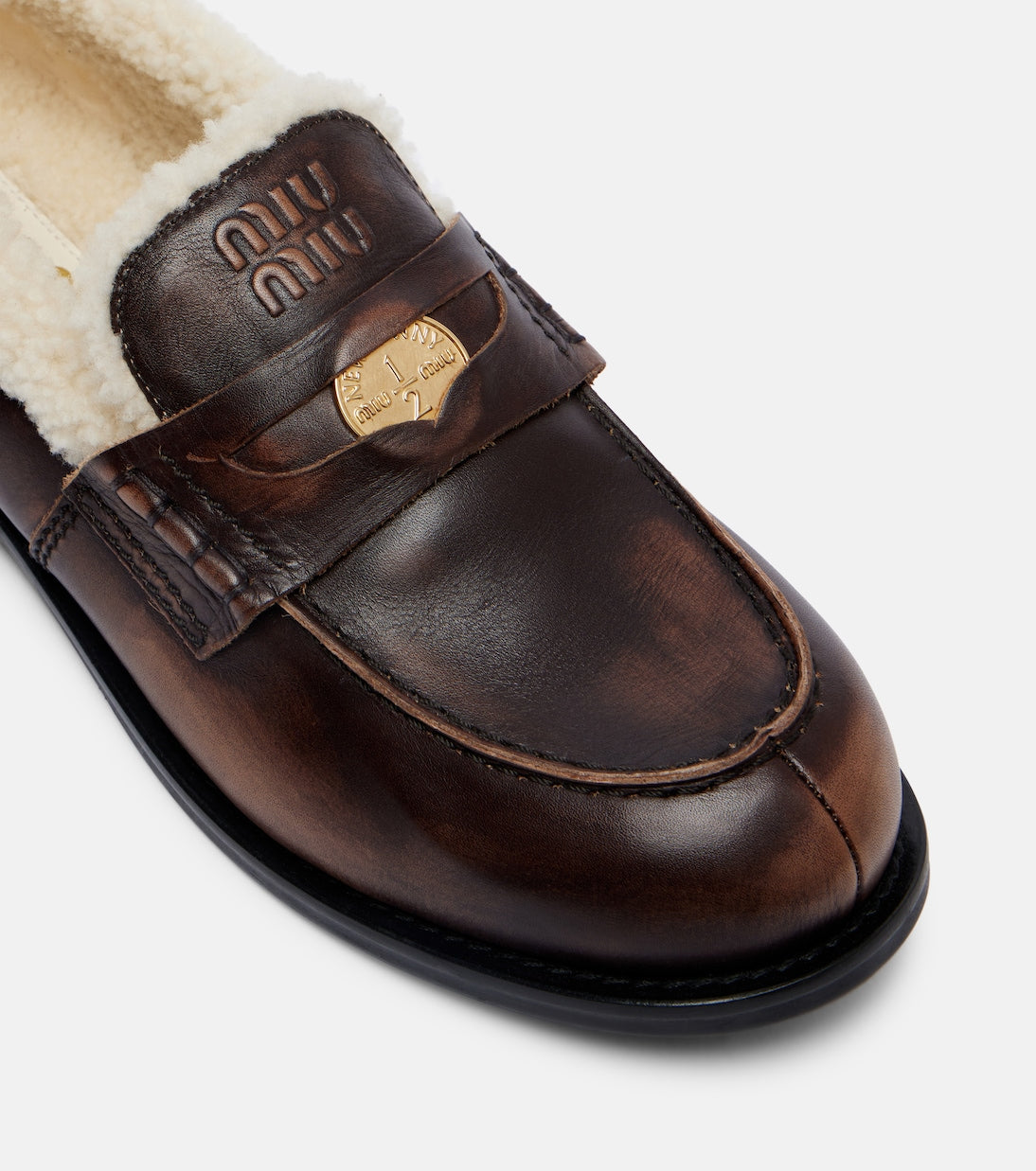 Miu Miu Shearling-Lined Leather Penny Loafers – Brown