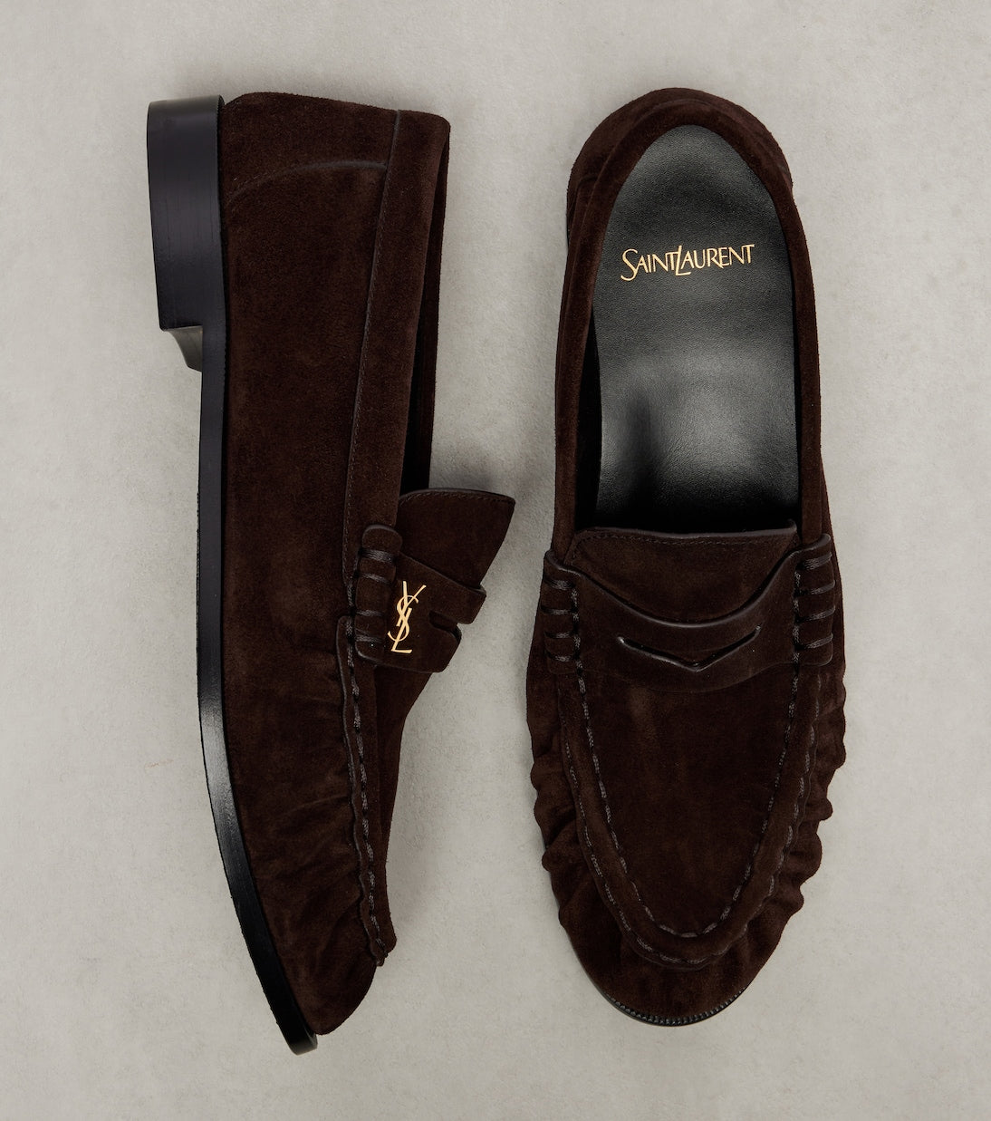 Saint Laurent Le Loafer Cassandre Suede Penny Loafers – Brown
