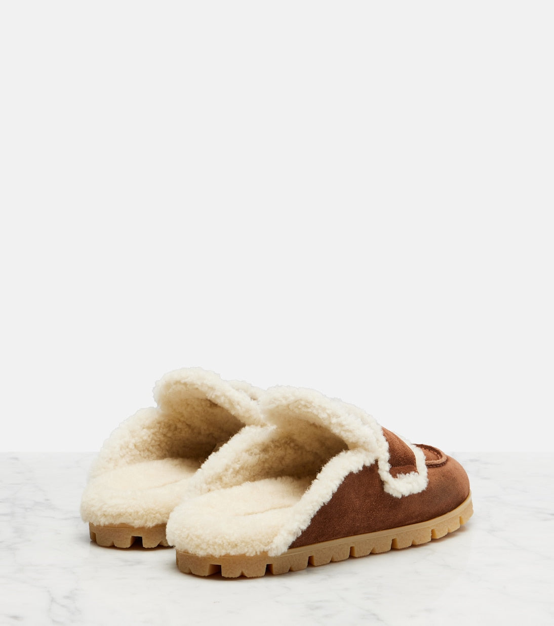 Prada Shearling-Lined Suede Mules – Brown