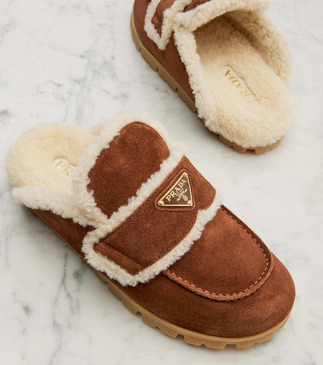 Prada Shearling-Lined Suede Mules – Brown