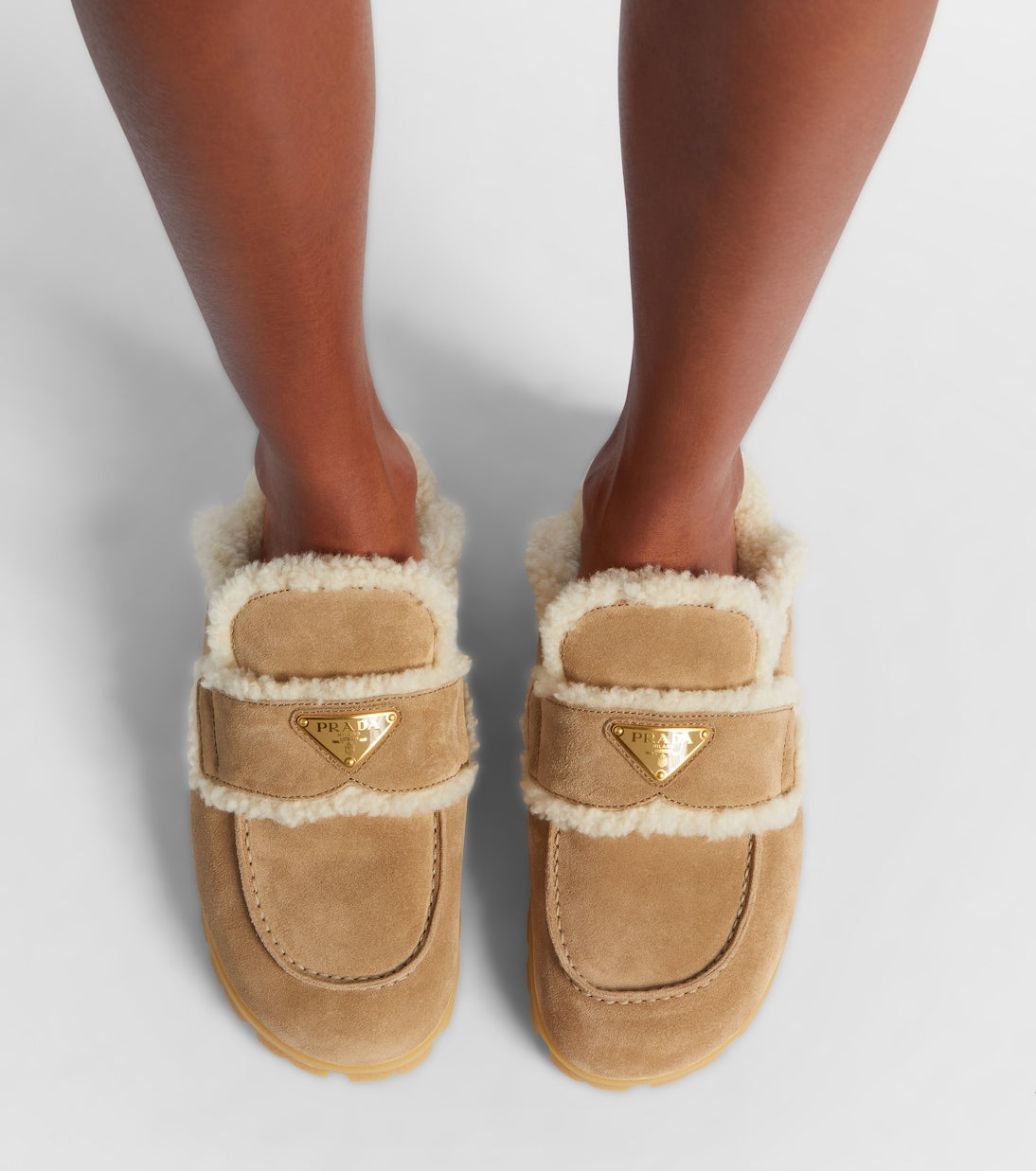 Prada Shearling-Lined Suede Mules – Beige