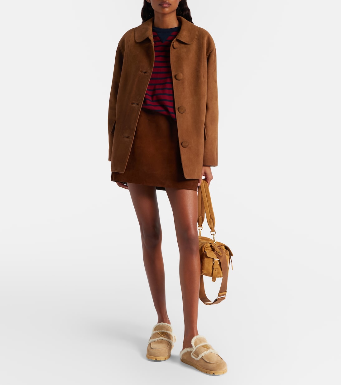 Prada Shearling-Lined Suede Mules – Beige