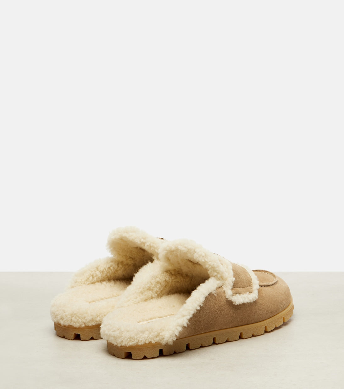 Prada Shearling-Lined Suede Mules – Beige