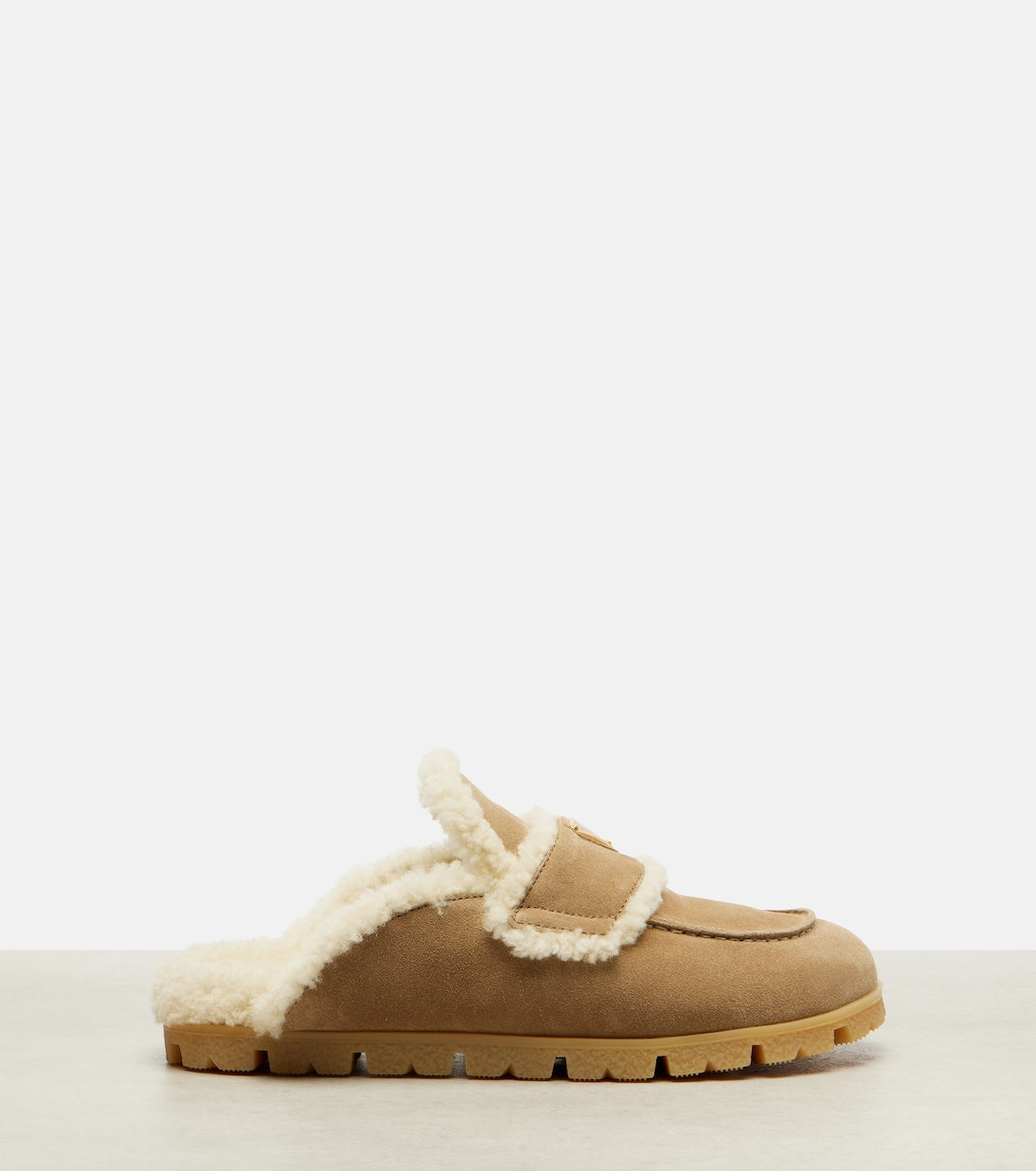 Prada Shearling-Lined Suede Mules – Beige