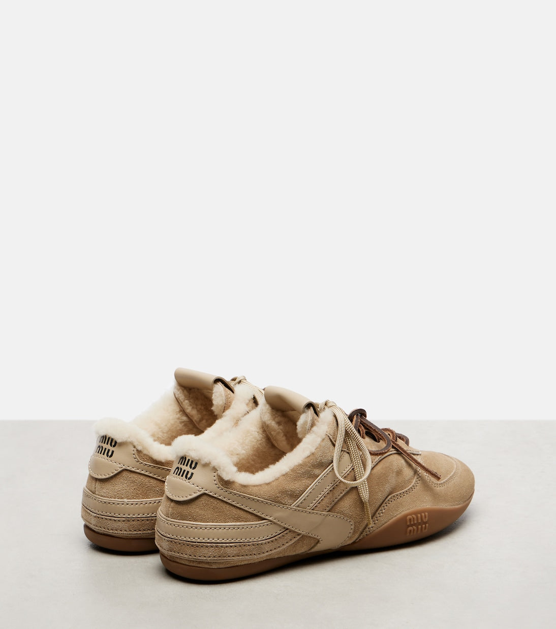 Miu Miu Gymnasium Suede and Shearling Sneakers – Beige