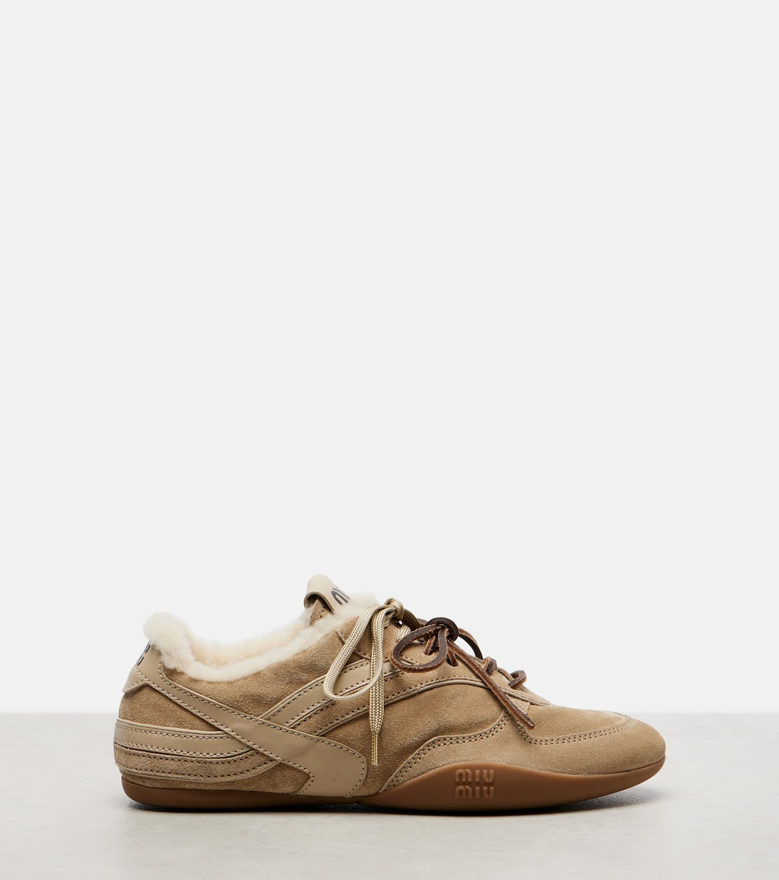 Miu Miu Gymnasium Suede and Shearling Sneakers – Beige