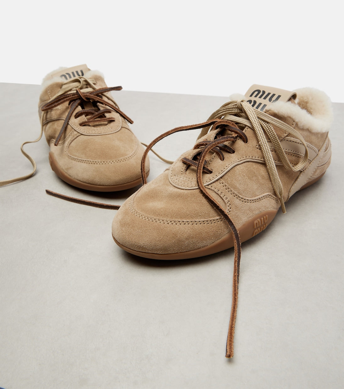 Miu Miu Gymnasium Suede and Shearling Sneakers – Beige