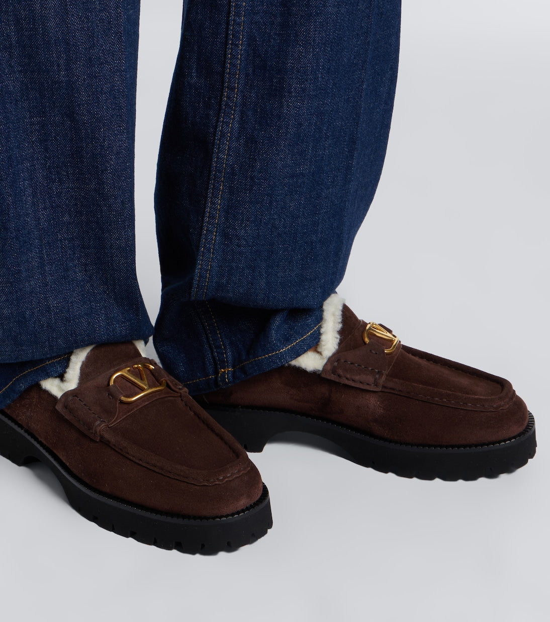 Valentino Garavani VLogo Shearling-Trimmed Suede Platform Loafers – Brown
