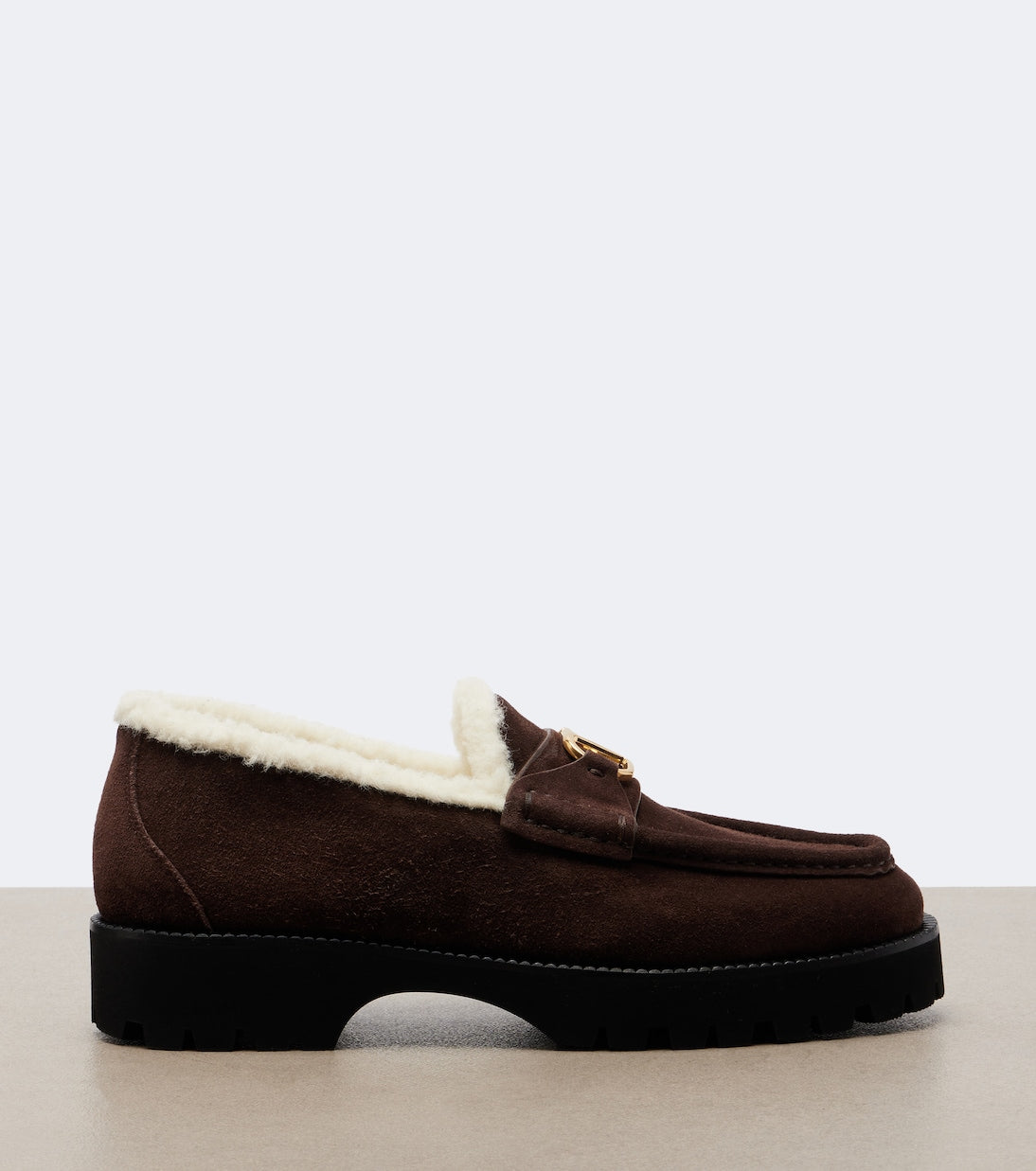 Valentino Garavani VLogo Shearling-Trimmed Suede Platform Loafers – Brown