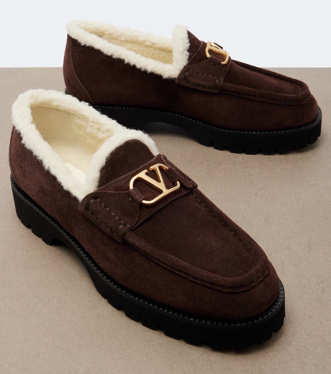 Valentino Garavani VLogo Shearling-Trimmed Suede Platform Loafers – Brown