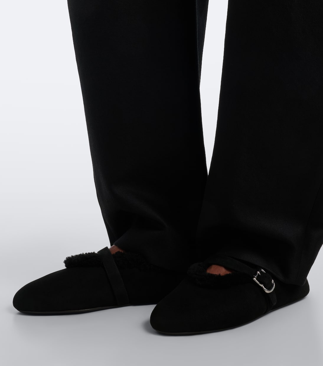 Alaïa Shearling-Trimmed Suede Mary Jane Flats – Black