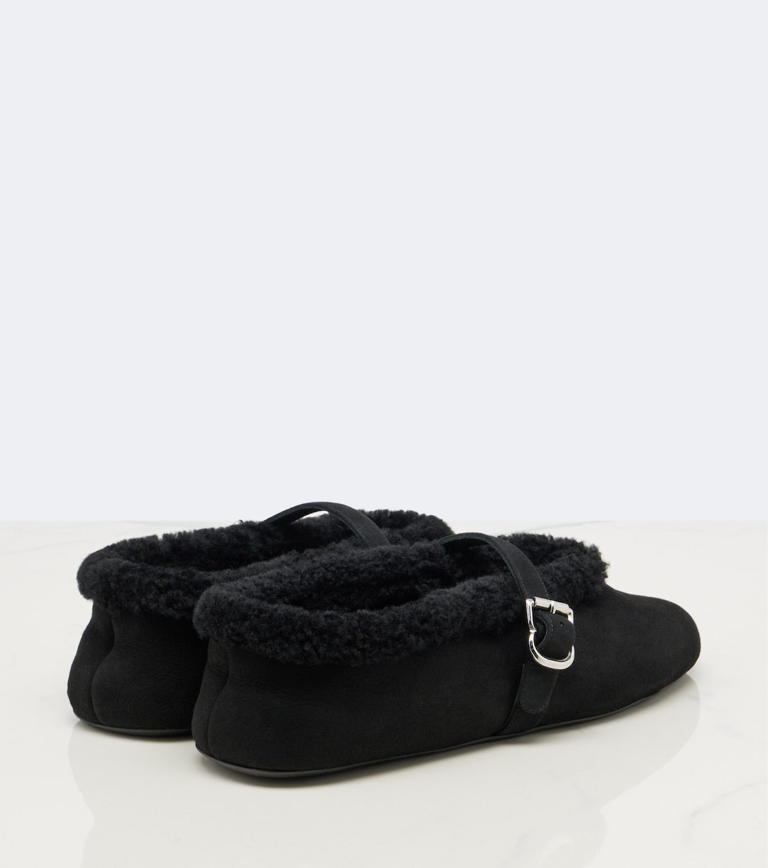 Alaïa Shearling-Trimmed Suede Mary Jane Flats – Black