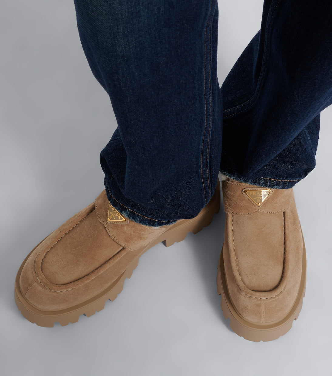 Prada Shearling-Trimmed Suede Platform Ankle Boots – Beige