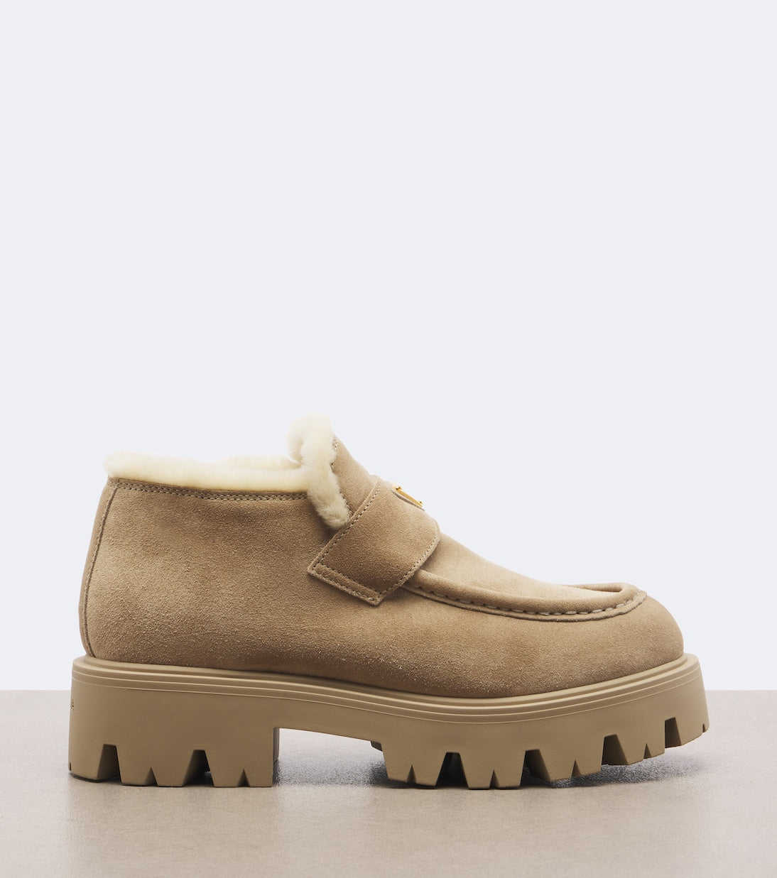 Prada Shearling-Trimmed Suede Platform Ankle Boots – Beige
