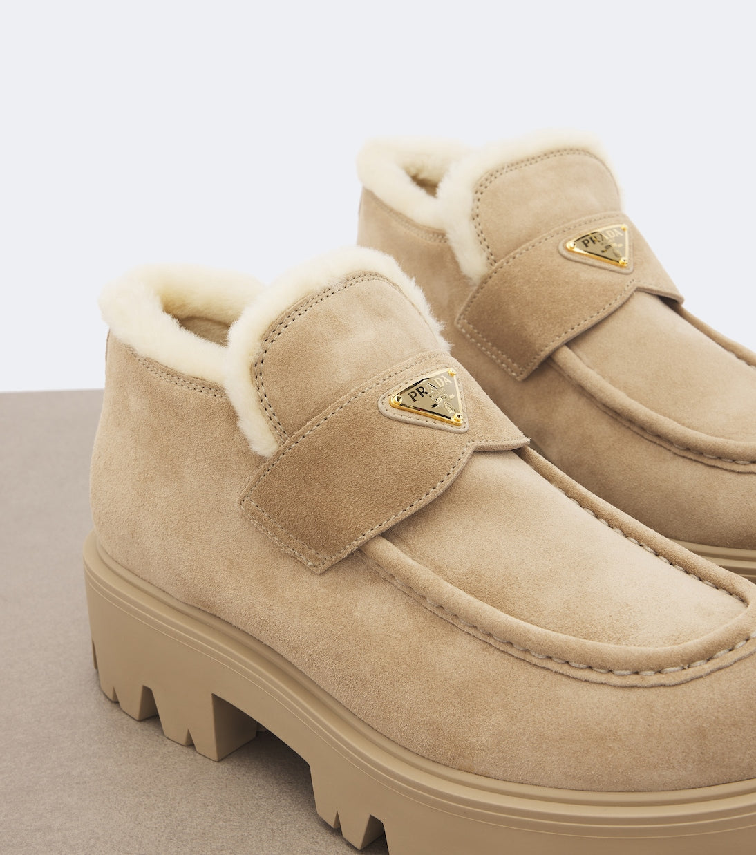 Prada Shearling-Trimmed Suede Platform Ankle Boots – Beige