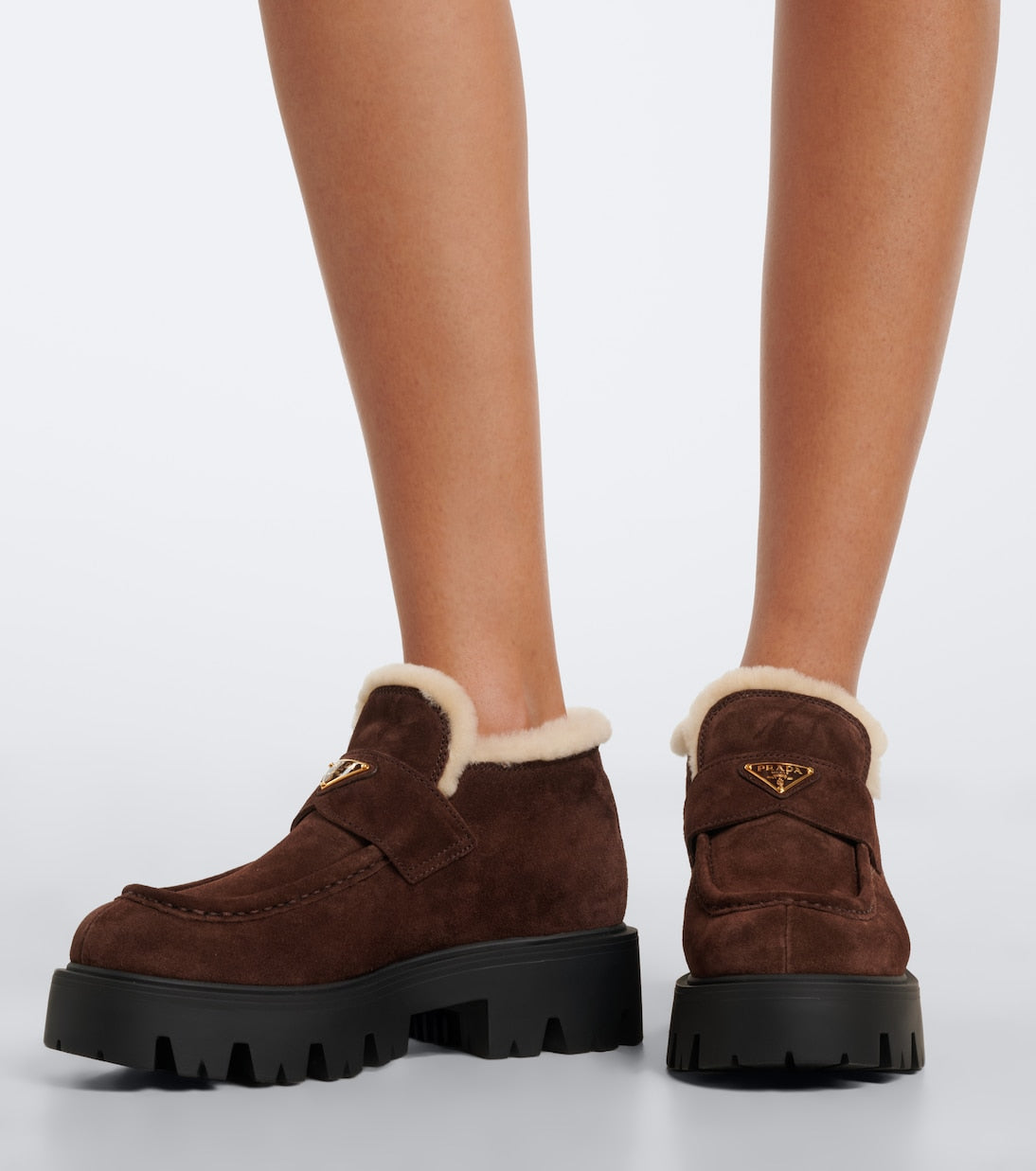 Prada Logo Shearling-Lined Suede Ankle Boots – Brown