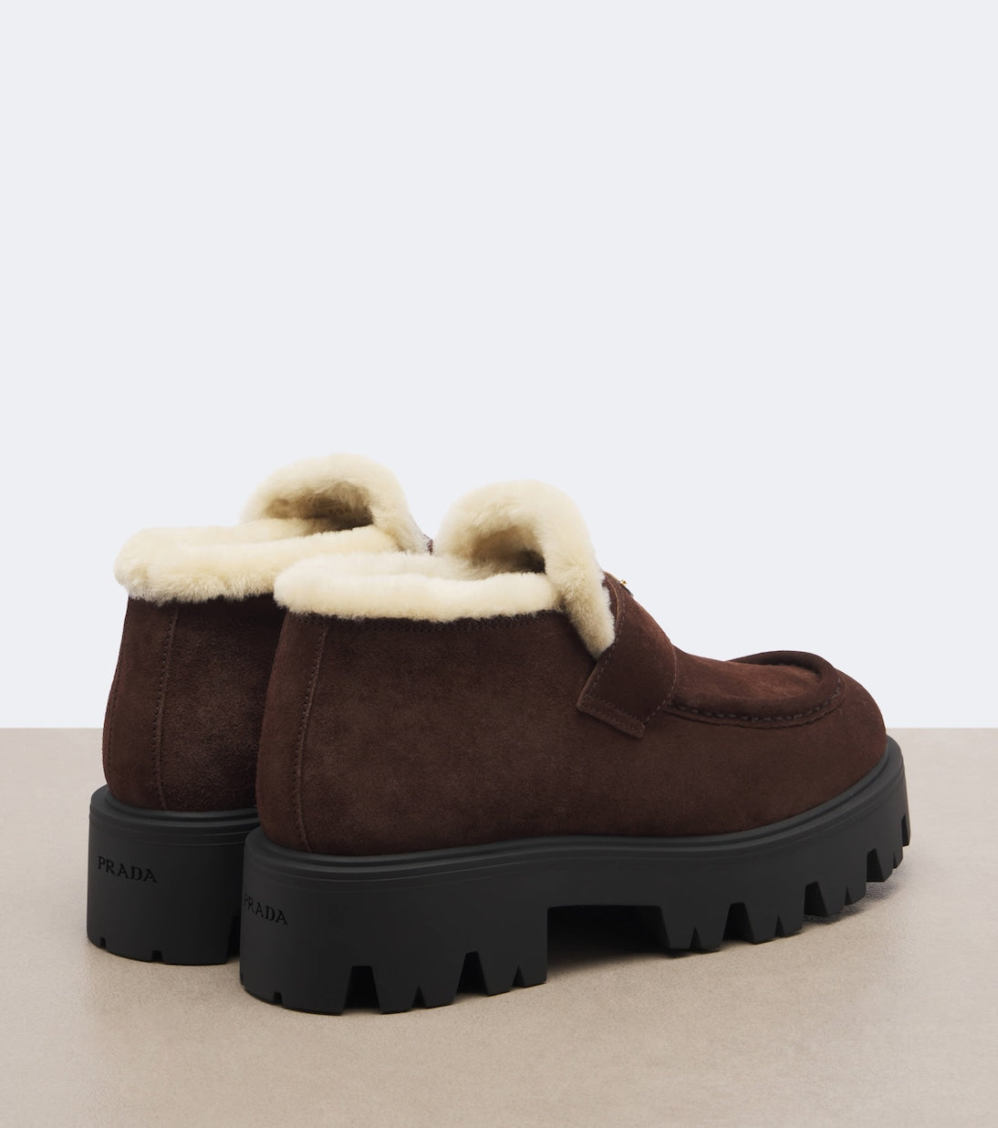 Prada Logo Shearling-Lined Suede Ankle Boots – Brown