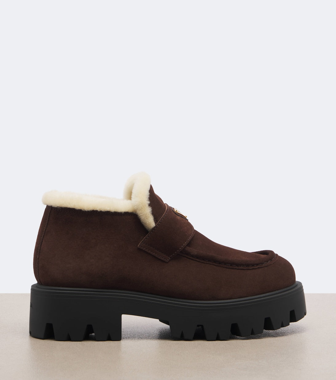 Prada Logo Shearling-Lined Suede Ankle Boots – Brown