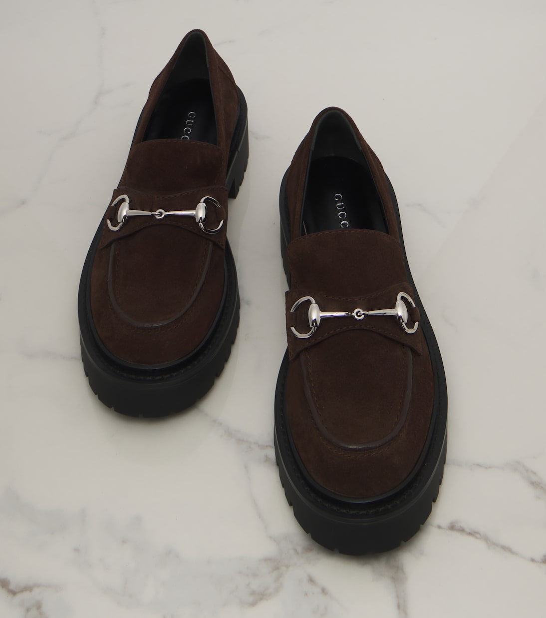 Gucci Rhody Horsebit Suede Platform Loafers – Brown