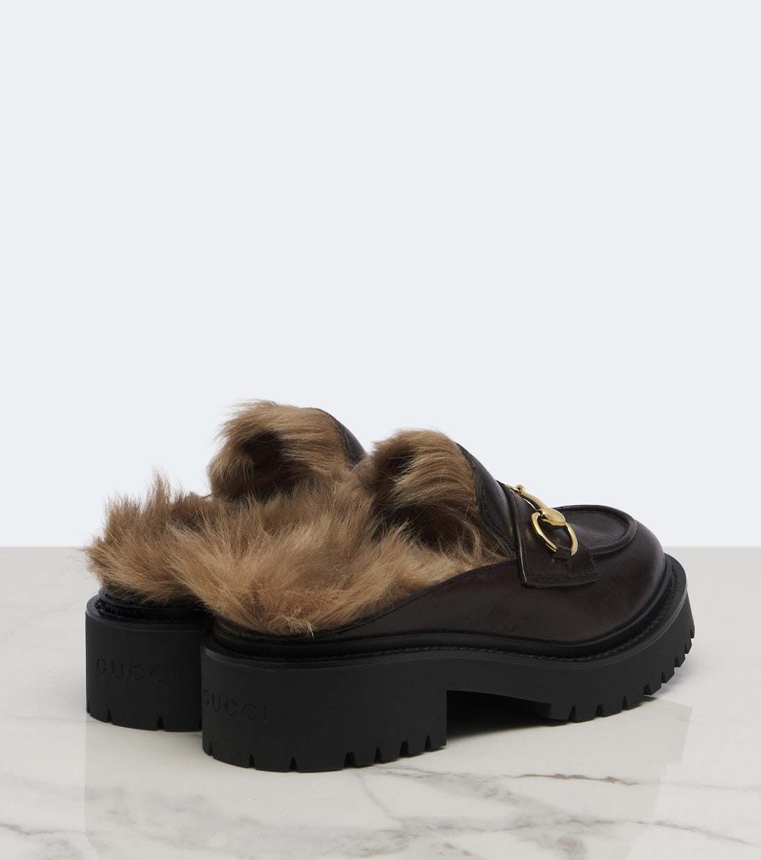 Gucci Rhody Shearling-Lined Leather Platform Mules – Burgundy