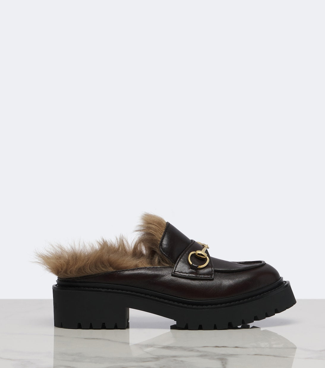 Gucci Rhody Shearling-Lined Leather Platform Mules – Burgundy