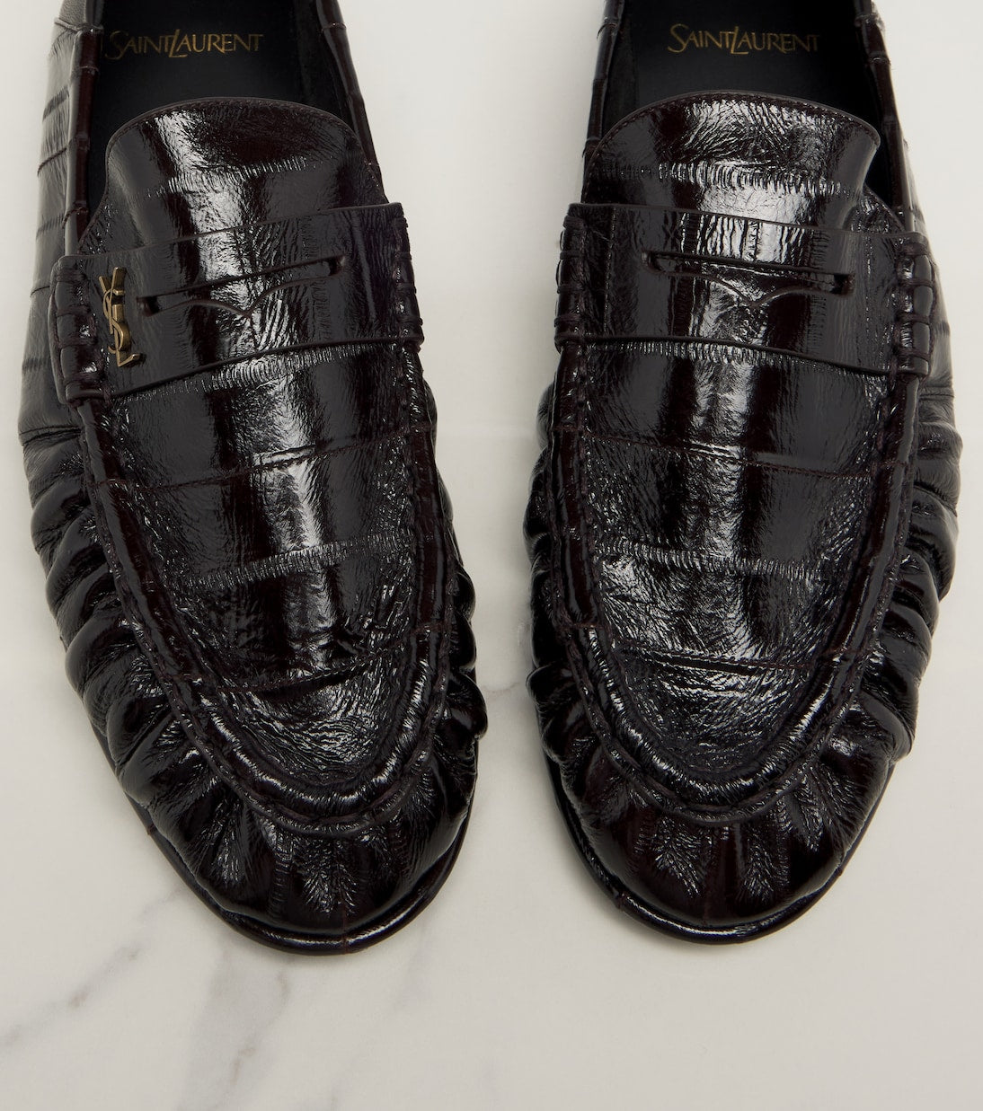 Saint Laurent Cassandre Croc-Effect Leather Loafers – Brown