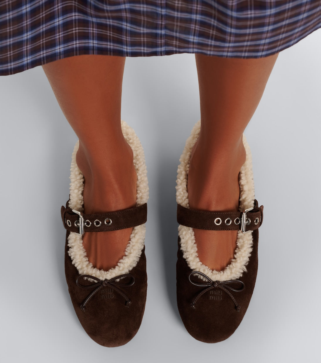Miu Miu Shearling-Lined Suede Ballet Flats – Brown