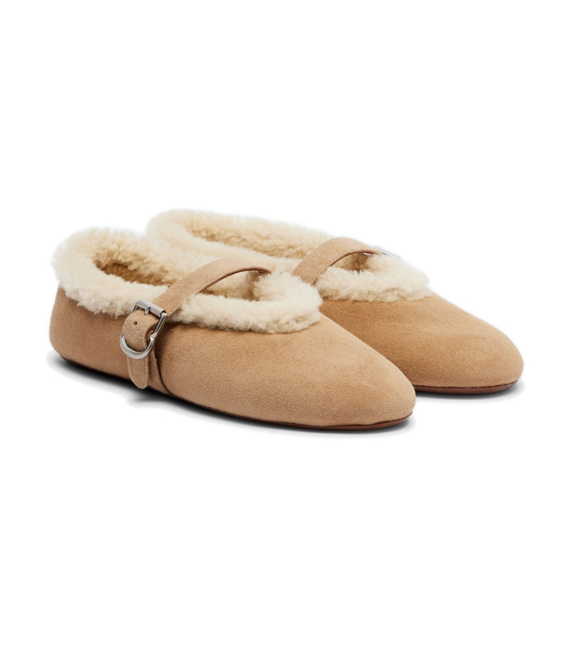 Alaïa Shearling-Lined Suede Ballet Flats – Beige
