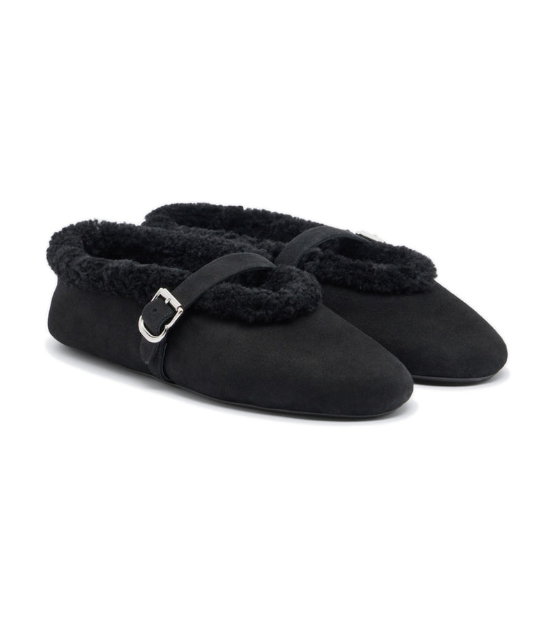 Alaïa Shearling-Trimmed Suede Mary Jane Flats – Black